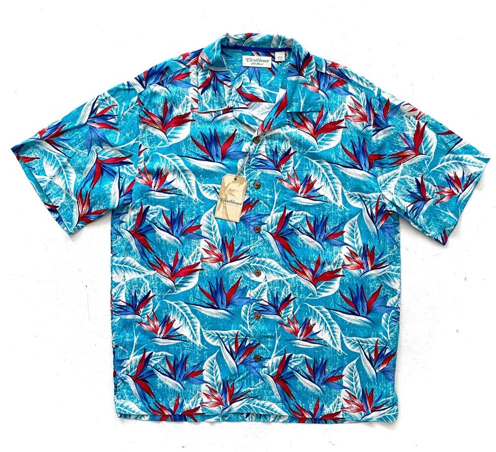 Caribbean Roundtree & Yorke Nwt Silk Blend Blue Tropical Camp Shirt XL